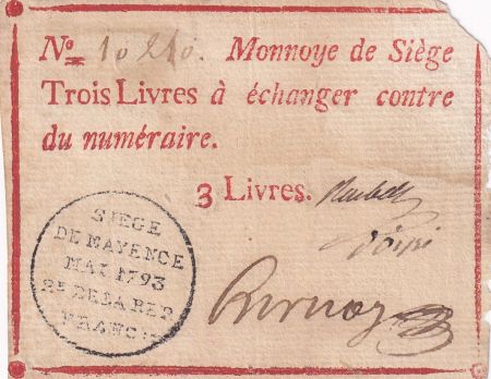 Mayence 3 Livres Rouge- Tampon noir - Mai 1793