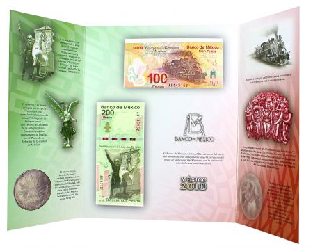 Mexique 100 & 200 Pesos - Billets commémoratifs de l\'Indépendance et de la Révolution - Folder - 2010
