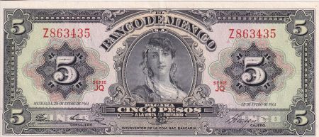 Mexique 5 Pesos - Femme - Monument de l\'indépendance - 1961 - Série JQ - P.60f