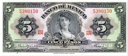 Mexique 5 Pesos - Gypsy - Momument de l\'Indépendance - 1963