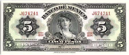 Mexique 5 Pesos - Portrait Gypsy - Monument  - 1970
