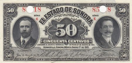 Mexique 50 Centavos 1915 - Sonora - Perforé par deux trous