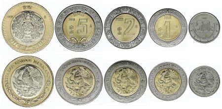 Mexique Série 5 monnaies 50 centavos - 1 à 10 Pesos 2018 - dont 4 bi-métal