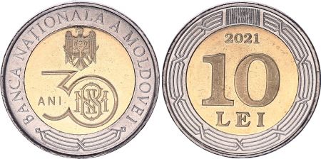 Moldavie 10 Lei - 30 ans de la Banque Nationale - 2021  - Bimétal