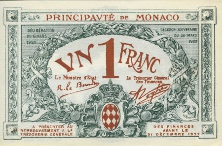 Monaco 1 Franc  - Armoiries  - 20/03/1920 - Série A