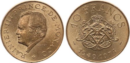 Monaco 10 Francs  Rainier III - 25 ans de règne -1949-1974 - TTB+