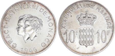 Monaco 10 Francs Rainier III Grace Kelly - Mariage - 1966 - SUP