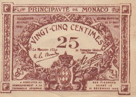 Monaco 25 Centimes Marron - Vue de Monaco - 1920