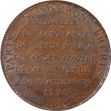 MONNAIE DE CONFIANCE - MONNERON 2 SOLS AU SERMENT 1791 BIRMINGHAM