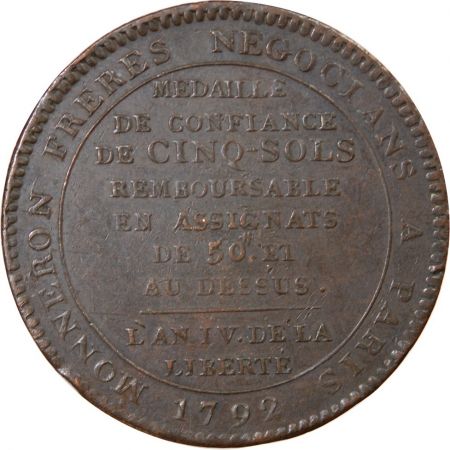 MONNAIE DE CONFIANCE - MONNERON 5 SOLS AU SERMENT 1792 L\'AN IV