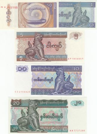 Myanmar Série 5 billets  - 0.50, 1, 5, 10, 20 Kyats  - 1994 à 1997