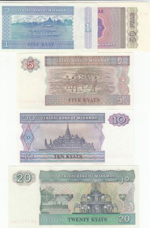 Myanmar Série 5 billets  - 0.50, 1, 5, 10, 20 Kyats  - 1994 à 1997