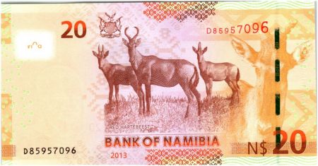 Namibie 20 Namibia Dollars Dollars, Dr Sam Nujoma - Red Hartebeest 2013