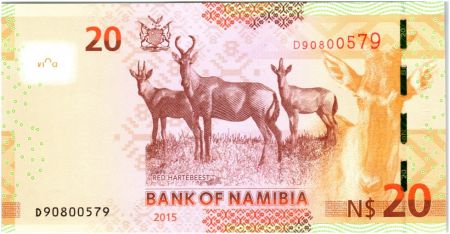 Namibie 20 Namibia Dollars Dollars, Dr Sam Nujoma - Red Hartebeest 2015