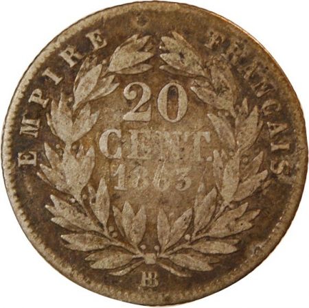 NAPOLEON III - 20 CENTIMES ARGENT 1863 BB STRASBOURG - Très Rare