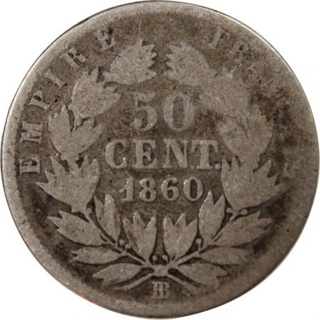 NAPOLEON III  TÊTE NUE - 50 CENTIMES ARGENT 1860 BB STRASBOURG - Croix tréflée