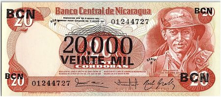 Nicaragua 20000 Cordobas sur 20 Cordobas,  German Pomares Ordonez - 1987