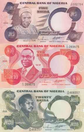 Nigeria Série 3 billets  - 5, 10 et 20 Naira - 2002