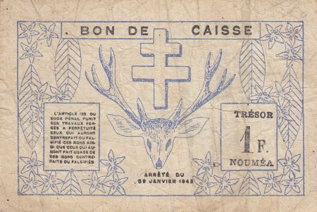 Nle Calédonie 1 Franc 1943 - Bon de caisse, mine de nickel, croix de Lorraine, Tête de cerf