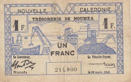 Nle Calédonie 1 Franc Dock - Cerf, Croix de Lorraine - 29-03-1943