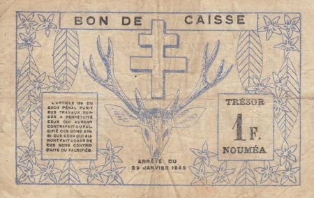 Nle Calédonie 1 Franc Dock - Cerf, Croix de Lorraine - 29-03-1943
