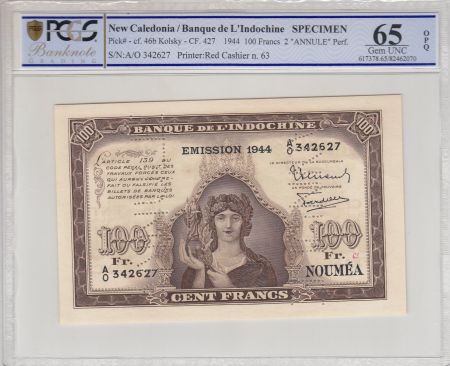 Nle Calédonie 100 Francs Minerve 1944 Spécimen - PCGS MS 65 OPQ
