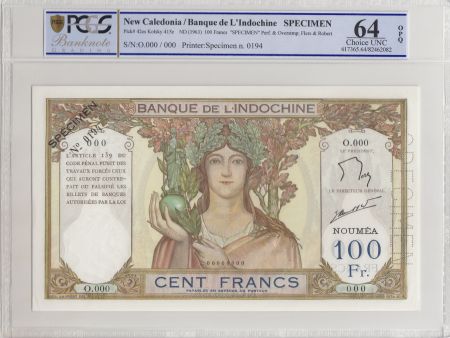 Nle Calédonie 100 Francs ND (1963) Spécimen - PCGS MS 64 OPQ