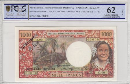 Nle Calédonie 1000 Francs Tahitienne - Hibiscus - 1971 - PCGS 62OPQ