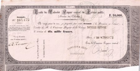 Nle Calédonie 10000 Francs - Traite du Trésor Public - 18-10-1872