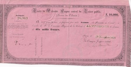 Nle Calédonie 10000 Francs - Traite du Trésor Public - 29-12-1869 - SUP