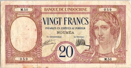 Nle Calédonie 20 Francs Au paon  - 1929