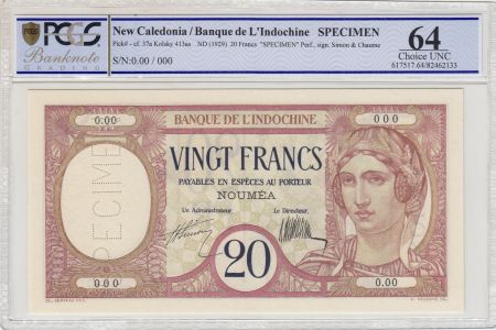 Nle Calédonie 20 Francs ND1929, Spécimen - PCGS MS 64