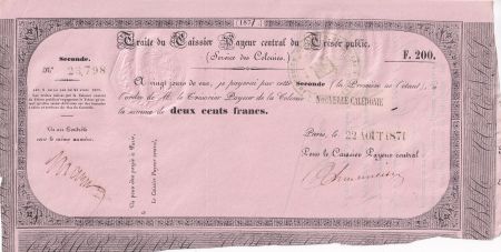 Nle Calédonie 200 Francs - Traite du Trésor Public - 22-08-1871 - SUP+