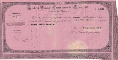 Nle Calédonie 2000 Francs - Traite du Trésor Public - 09-09-1869