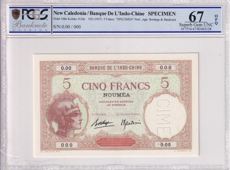 Nle Calédonie 5 Francs - femmes casquée - (ND1937) - Spécimen - PCGS 67 OPQ