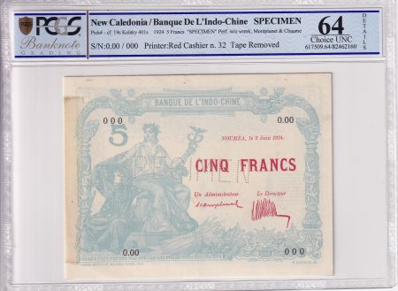 Nle Calédonie 5 Francs - Nouméa - Liberté assise - Spécimen - 2 Juin 1924 - PCGS 64 Details - P.19s
