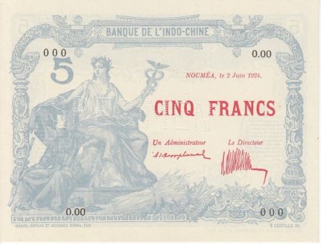 Nle Calédonie 5 Francs, Liberté assise, femme orientale - Spécimen 1924