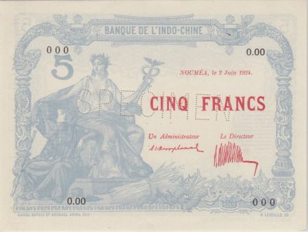 Nle Calédonie 5 Francs femme au sceptre 02-06-1924 - PCGS MS 64 Spécimen