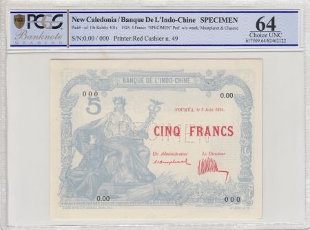 Nle Calédonie 5 Francs femme au sceptre 02-06-1924 - PCGS MS 64 Spécimen