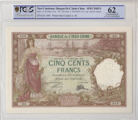 Nle Calédonie 500 Francs femme, bateaux 27-12-1927, Spécimen - PCGS MS 62