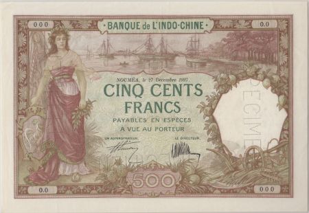 Nle Calédonie 500 Francs femme, bateaux 27-12-1927, Spécimen - PCGS MS 62
