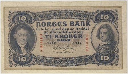 Norvège 10 Kroner Pres. Christie , Adm. Tordenskjold