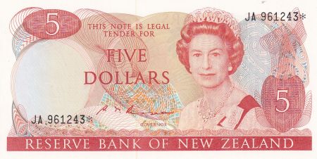 Nouvelle-Zélande 5 Dollars - Elisabeth II - Méliphage tui - ND (1985-1989) - Remplacement