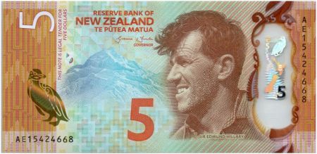 Nouvelle-Zélande 5 Dollars E. Hillary, Mont Everest - Pingouin 2015 Polymer