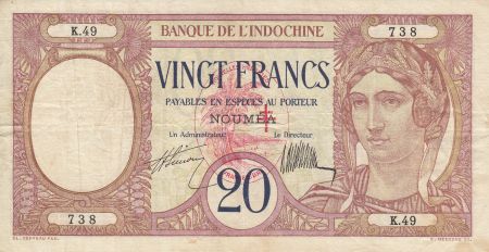 Nouvelles Hébrides 20 Francs Au paon - Surchargé  France Libre - 1941- K49 738