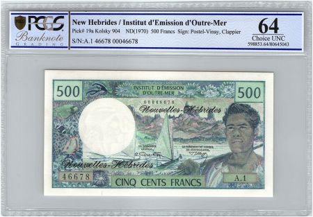 Nouvelles Hébrides 500 Francs Polynésien - Pirogue - 1970 alph A.1 - PCGS UNC 64