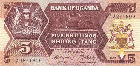 Ouganda 5 Shillings - Armoiries - Animaux - 1987