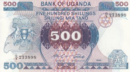 Ouganda 500 Shillings Armoiries - Boeufs, ceuillette du café - 1986