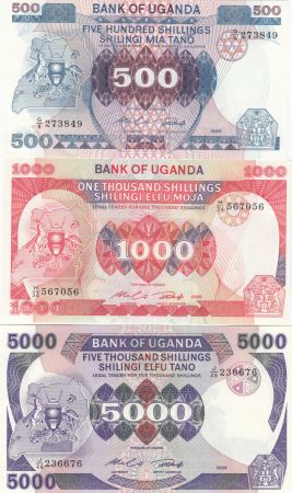 Ouganda Série 3 billets  - 500, 1000, 5000 Shillings - 1986