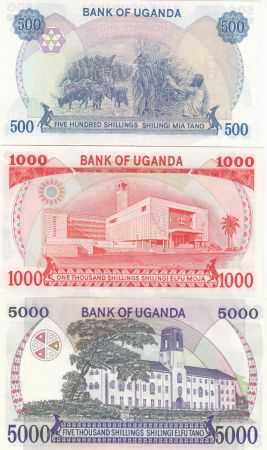 Ouganda Série 3 billets  - 500, 1000, 5000 Shillings - 1986